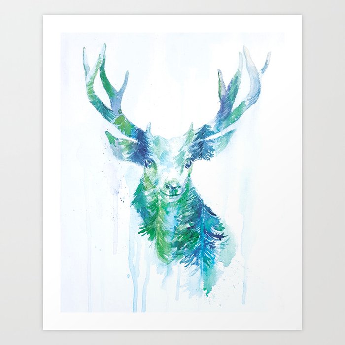 Oh Deer Moonlight Forest Double Exposure Watercolor Art Art Print By Elenamarkelova Society6
