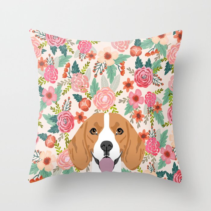Beagle floral dog breed pet lover dog head with flowers beagles gifts Throw Pillow