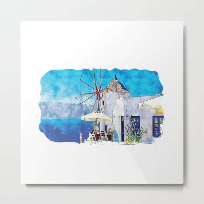 Santorini Island, Greece | Cyclades Islands | Mediterranean Sea | Greek IslandsWatercolor Sketch Paint 01 Metal Print