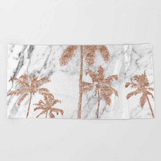 Rose gold palms on marble Beach Towel
