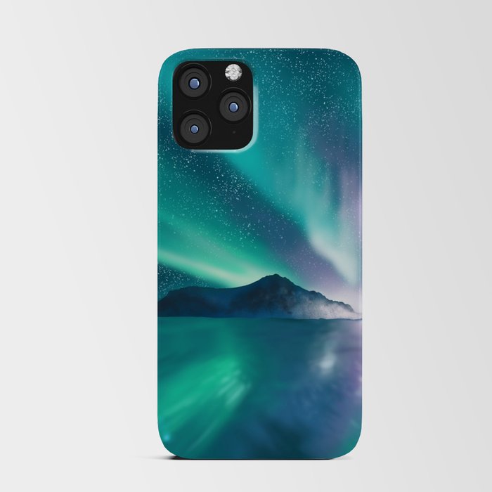 Aurora boralis - polar lights - illustration of admiration of the wonderful landscape with mountains, sky and sea. iPhone Card Case