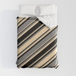 [ Thumbnail: Black, Grey & Beige Colored Striped Pattern Duvet Cover ]