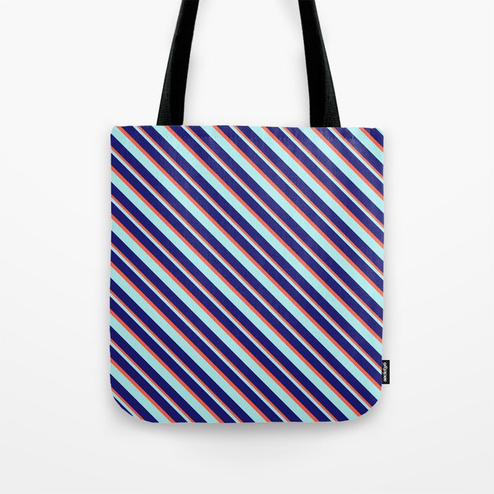 Turquoise, Midnight Blue, and Red Colored Lines Pattern Tote Bag