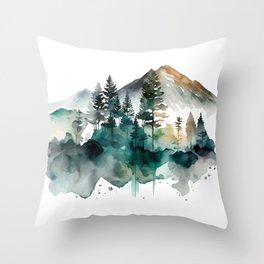 Forest Trees Mountains Nature Watercolor Throw Pillow