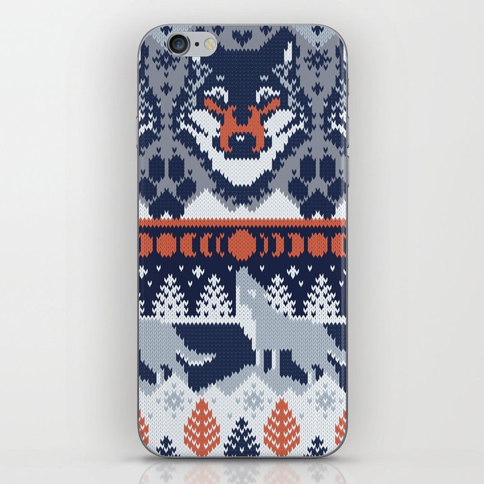 Fair isle knitting grey wolf // navy blue and grey wolves orange moons and pine trees iPhone Skin