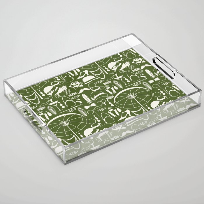 White Old-Fashioned 1920s Vintage Pattern on Olive Green Acrylic Tray
