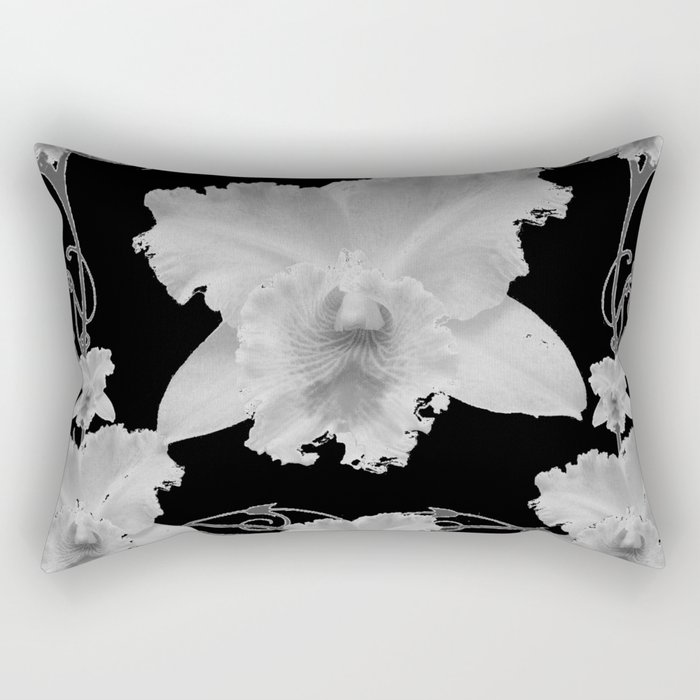 WHITE CATTLEYA ORCHIDS IN BLACK & WHITE ART Rectangular Pillow