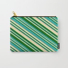 [ Thumbnail: Light Sea Green, Beige, and Dark Green Colored Lined Pattern Carry-All Pouch ]