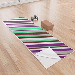 [ Thumbnail: Vibrant Green, Maroon, Light Cyan, Purple, and Grey Colored Lines Pattern Yoga Towel ]