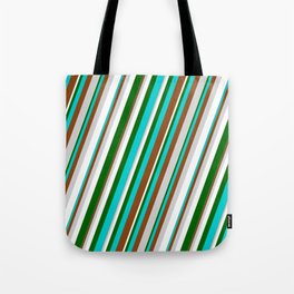 [ Thumbnail: Eyecatching Dark Turquoise, Brown, Light Gray, White & Dark Green Colored Lined Pattern Tote Bag ]