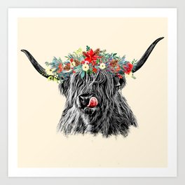 Baby Highland Cow with Flowers Crown Art Print