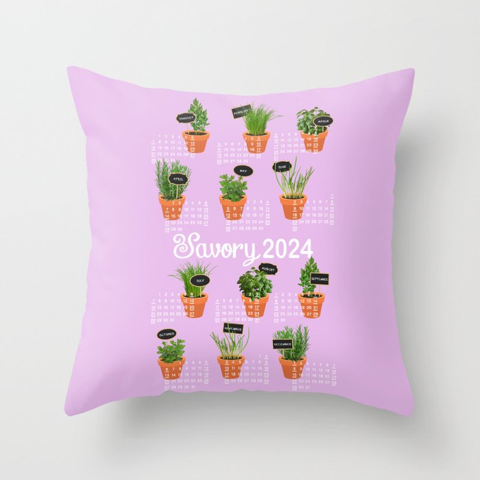 2024 calendar herbs pots pink Throw Pillow
