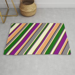 [ Thumbnail: Colorful Purple, Grey, Light Yellow, Brown & Dark Green Colored Pattern of Stripes Rug ]