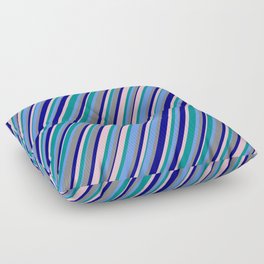 [ Thumbnail: Dark Cyan, Cornflower Blue, Grey, Blue & Pink Colored Stripes/Lines Pattern Floor Pillow ]