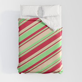 [ Thumbnail: Bisque, Green, and Crimson Colored Striped/Lined Pattern Duvet Cover ]
