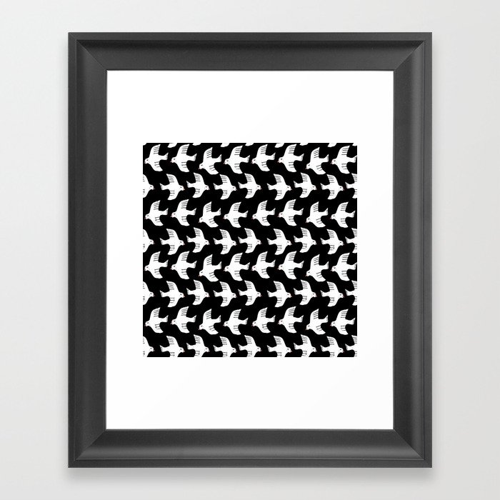 Fly black and white birds flying minimalist pattern art print Framed Art Print