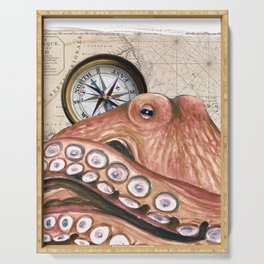 Red Octopus Compass Vintage Map Nautical Beige Beach Chic Serving Tray