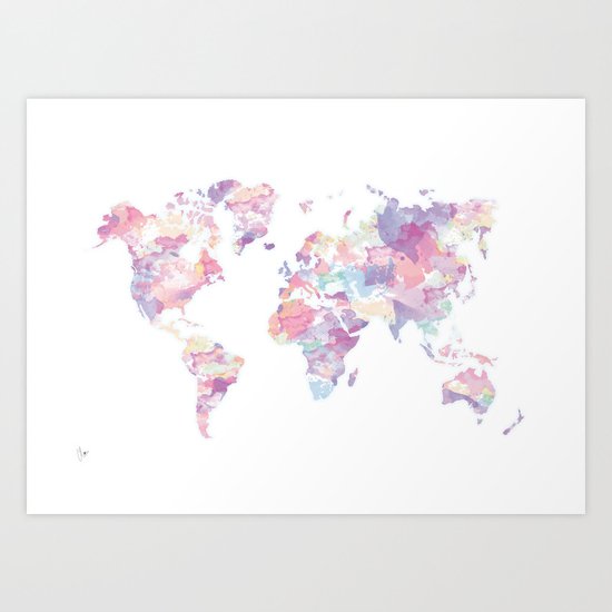 Watercolour World Map (purple) Art Print