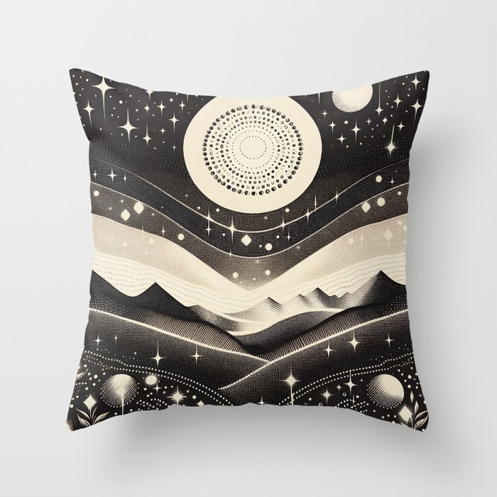 Dreamy Starry Night - Black & Cream Throw Pillow