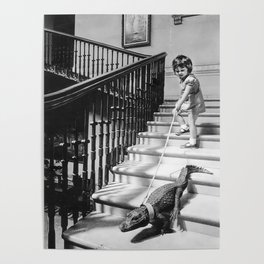 Girl Walking Baby Alligator, Black and White, Vintage Art Poster