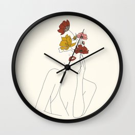 Colorful Thoughts Minimal Line Art Woman with Flowers Wall Clock