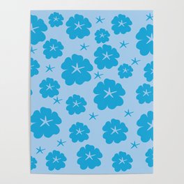 Japanese style Flowers Floral Pattern Blue Poster