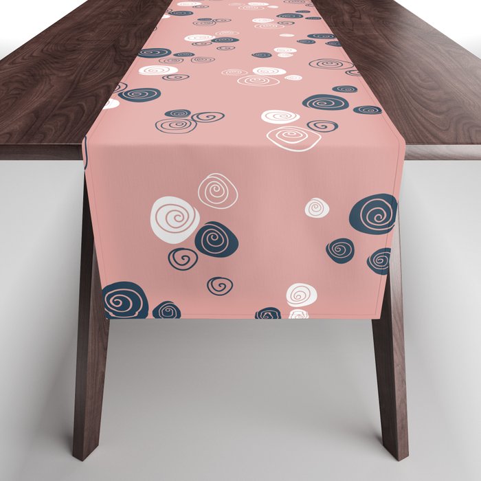 Navy blue and white doodle roses on blush pink background Table Runner