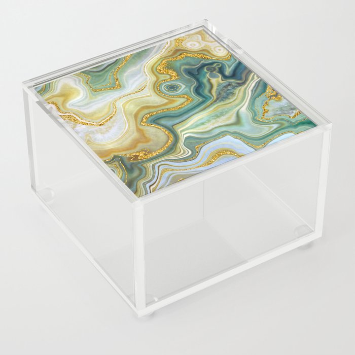 Verdant Green + Gold Abstract Geode Ripples Acrylic Box