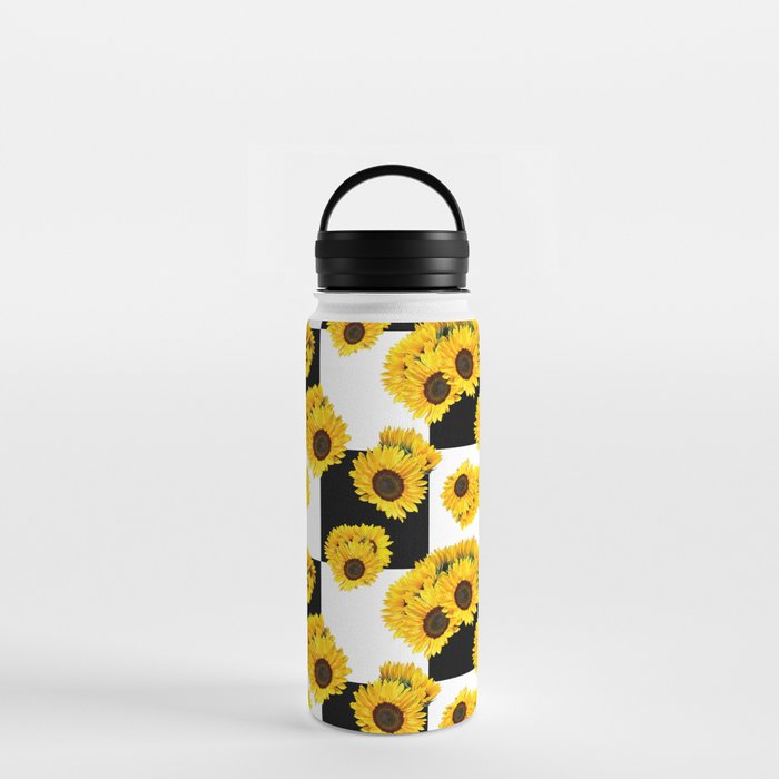 Large Check Yellow Sunflower Floral with Black and White Checkered Summer Print Water Bottle