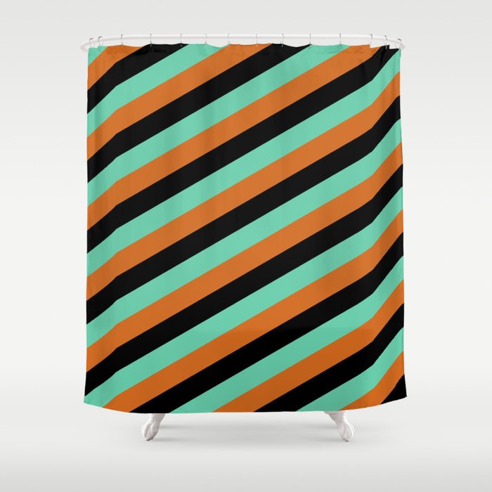 Black, Aquamarine, and Chocolate Colored Pattern of Stripes Shower Curtain