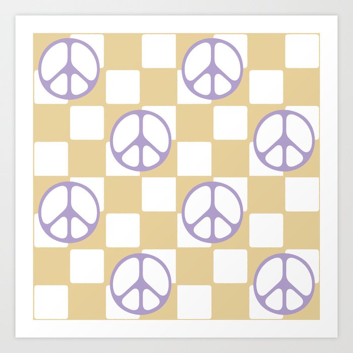 Peace Symbol On Checkerboard \\ Milk Caramel and Lavender Color Palette Art Print
