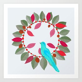 Winter wreath with blue bird Art Print