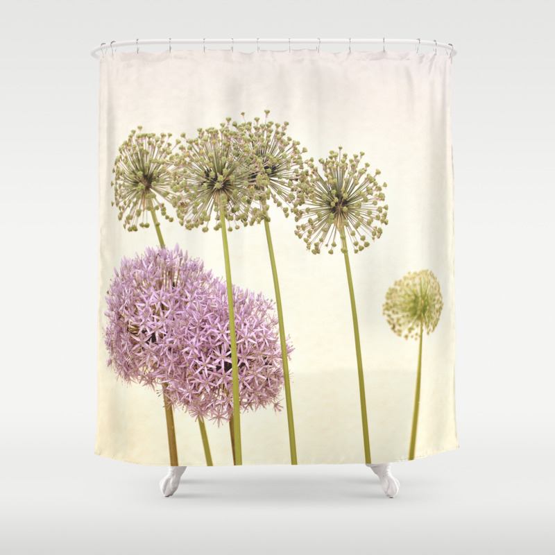 Tall Green Allium Plants And Pink Star Flowers Shower Curtain By