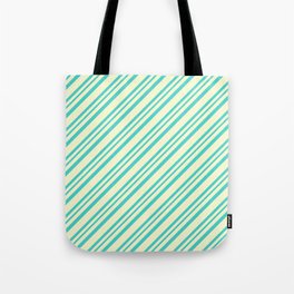 [ Thumbnail: Light Yellow and Turquoise Colored Lined Pattern Tote Bag ]