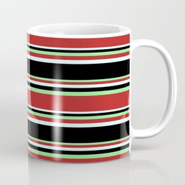 [ Thumbnail: Light Green, Red, Light Cyan, and Black Colored Striped/Lined Pattern Coffee Mug ]