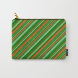 [ Thumbnail: Dark Sea Green, Green, Red & Forest Green Colored Lined/Striped Pattern Carry-All Pouch ]