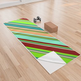 [ Thumbnail: Eyecatching Dark Cyan, Brown, Aquamarine, Dark Red, and Chartreuse Colored Striped/Lined Pattern Yoga Towel ]