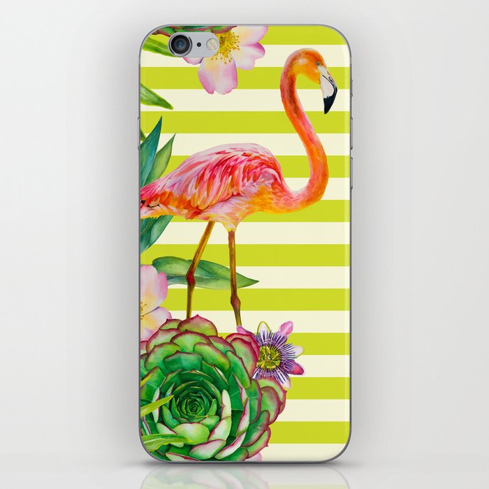 seamless pattern with pink flamingo and exotic tropical plants on a striped background iPhone Skin