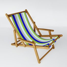[ Thumbnail: Blue, Green, Light Cyan, and Grey Colored Pattern of Stripes Sling Chair ]