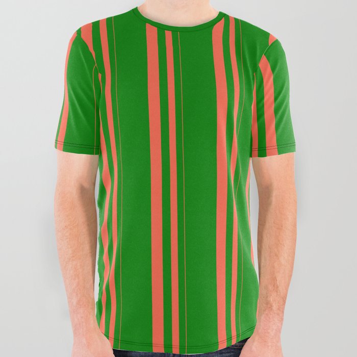Red & Green Colored Lines Pattern All Over Graphic Tee