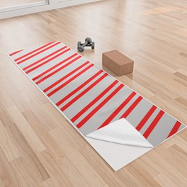 [ Thumbnail: Light Gray and Red Colored Striped Pattern Yoga Towel ]