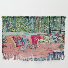 Napping Brown Tabby Cat on Pink Couch with Jungle Background Painting After Matisse Wall Hanging