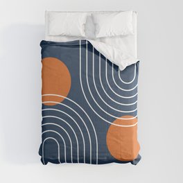 Mid Century Modern Geometric 83 in Navy Blue and Orange (Rainbow and Sun Abstraction) Comforter | Sun, Pattern, Zen, Orange, Blue, Geometric, Abstract, Rainbow, Yoga, Abstraction 