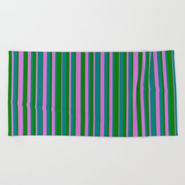 [ Thumbnail: Green, Orchid, and Teal Colored Lines Pattern Beach Towel ]