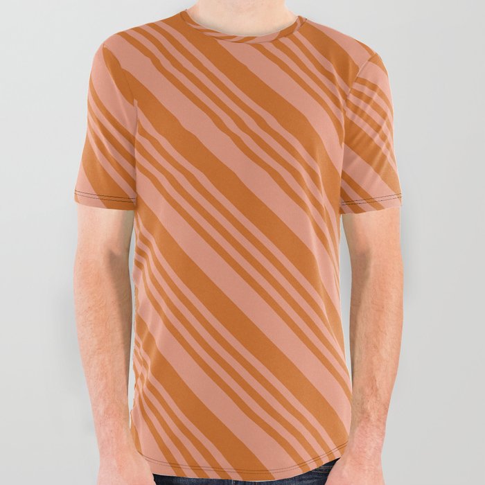 Dark Salmon & Chocolate Colored Lined Pattern All Over Graphic Tee