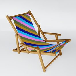[ Thumbnail: Dark Olive Green, Dark Goldenrod, Dark Blue, Deep Sky Blue, and Violet Colored Striped Pattern Sling Chair ]