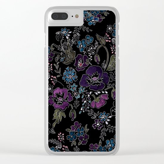 Floral pattern on a black background . Blue and purple flowers . Clear iPhone Case