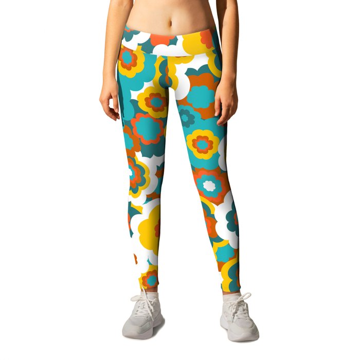 Retro 70s Bold Large-Scale Flowers with Teal, Orange and Yellow Leggings
