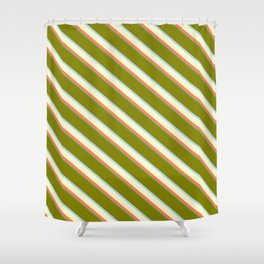 [ Thumbnail: Vibrant Green, Light Blue, Light Yellow, Coral & Sea Green Colored Lines/Stripes Pattern Shower Curtain ]