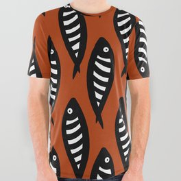 Abstract black and white fish pattern Burnt orange All Over Graphic Tee